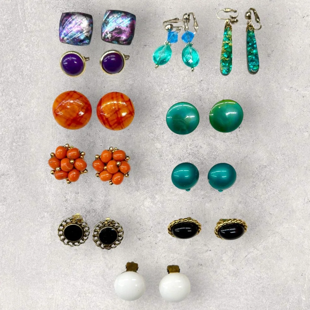 Vintage Clip On Earring Lot 10 Pairs Retro Mid Century Hong Kong Beaded Enamel